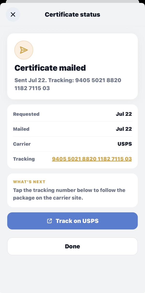 5Drive certificate tracking after mailing